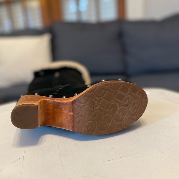 SOLD - UGG Lillian Tall Black Suede Shearling Kneehigh Studded Clogs Size 6 - Picture 3 of 10